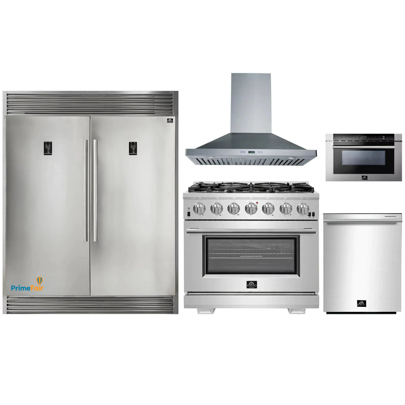 Forno 5-Piece Pro Appliance Package - 36-Inch Gas Range, 56-Inch Pro-Style Refrigerator, Wall Mount Hood, Microwave Drawer, & 3-Rack Dishwasher in Stainless Steel
