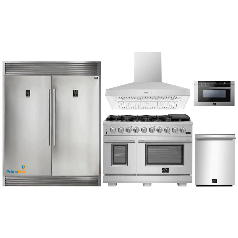 Forno 5-Piece Pro Appliance Package - 48-Inch Gas Range, 56-Inch Pro-Style Refrigerator, Wall Mount Hood, Microwave Drawer, & 3-Rack Dishwasher in Stainless Steel