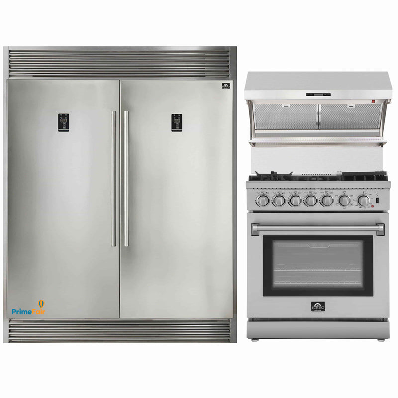 Forno 3-Piece Appliance Package - 30-Inch Dual Fuel Range with Air Fryer, 56-Inch Pro-Style Refrigerator & Wall Mount Hood with Backsplash in Stainless Steel