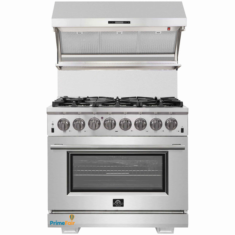 Forno 2-Piece Pro Appliance Package - 36-Inch Dual Fuel Range & Wall Mount Hood with Backsplash in Stainless Steel