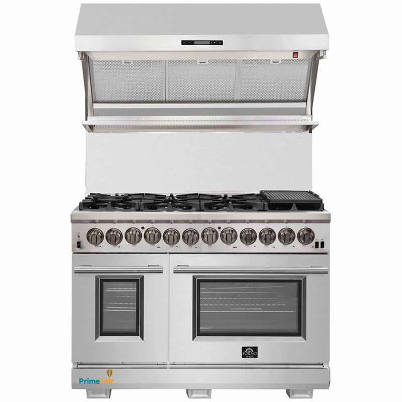 Forno 2-Piece Pro Appliance Package - 48-Inch Dual Fuel Range & Wall Mount Hood with Backsplash in Stainless Steel