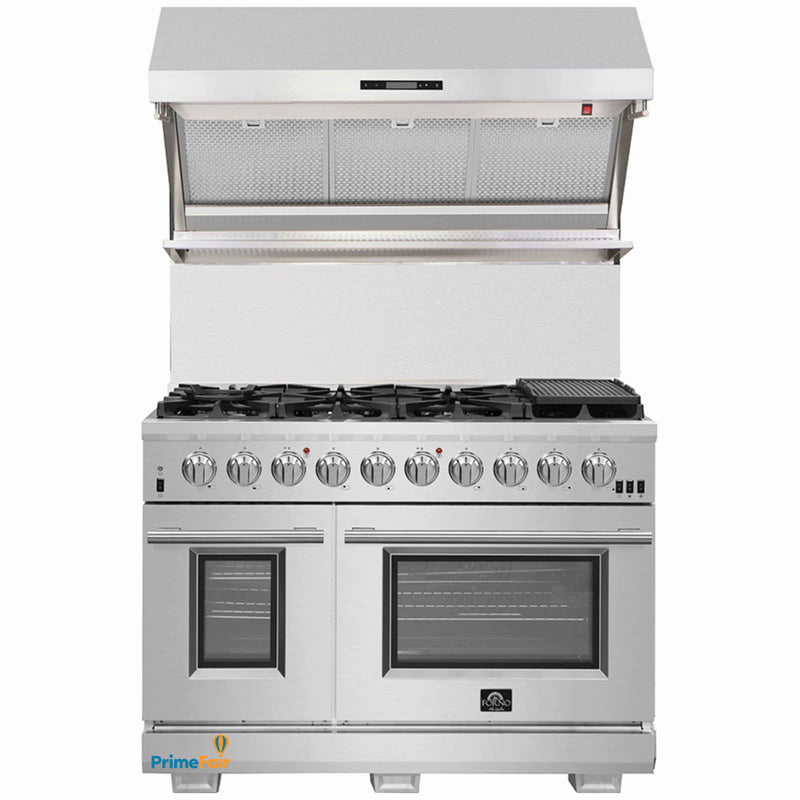 Forno 2-Piece Pro Appliance Package - 48-Inch Gas Range & Wall Mount Hood with Backsplash in Stainless Steel
