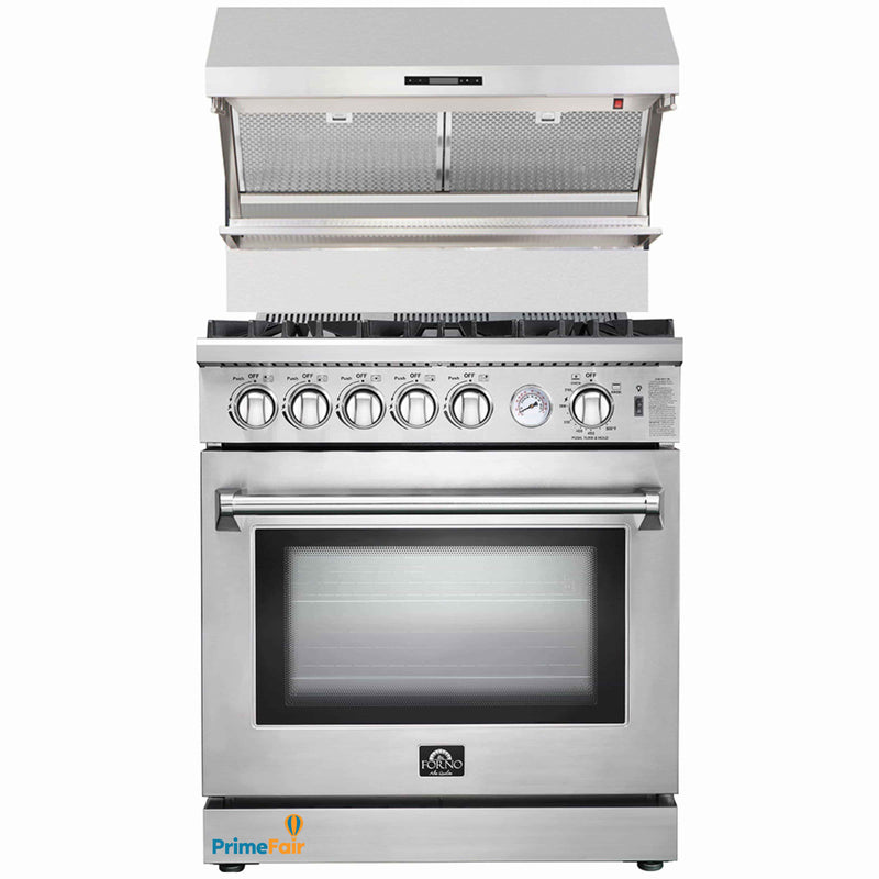 Forno 2-Piece Appliance Package - 30-Inch Gas Range & Wall Mount Hood with Backsplash in Stainless Steel