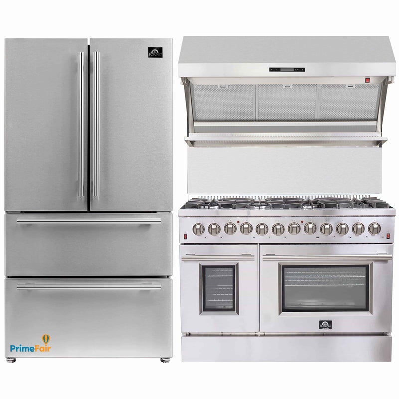 Forno 3-Piece Appliance Package - 48-Inch Dual Fuel Range, Refrigerator, & Wall Mount Hood with Backsplash in Stainless Steel