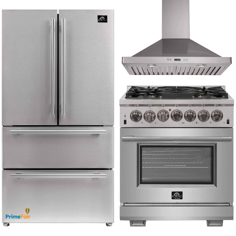 Forno 3-Piece Pro Appliance Package - 30-Inch Dual Fuel Range, Refrigerator, Wall Mount Hood in Stainless Steel