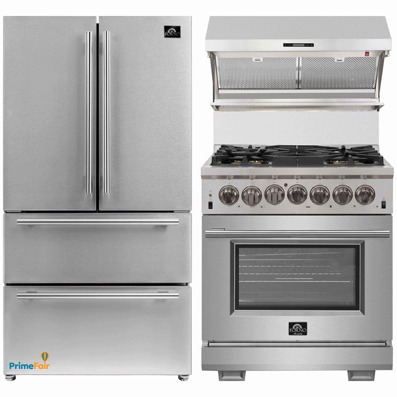 Forno 3-Piece Pro Appliance Package - 30-Inch Dual Fuel Range, Refrigerator, & Wall Mount Hood with Backsplash in Stainless Steel