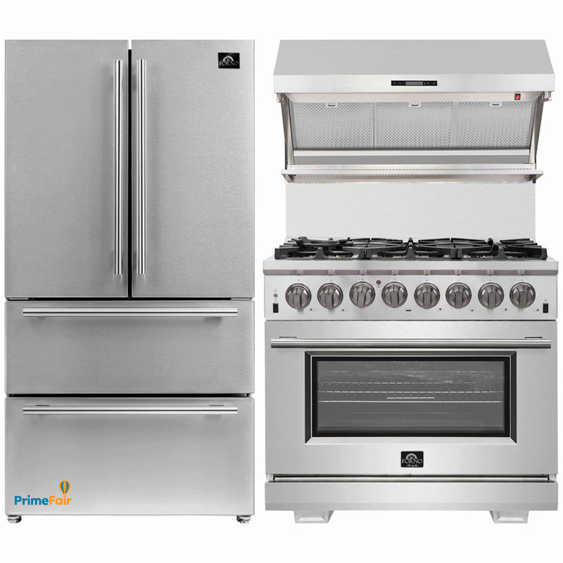 Forno 3-Piece Pro Appliance Package - 36-Inch Dual Fuel Range, 36-Inch Refrigerator & Wall Mount Hood with Backsplash in Stainless Steel