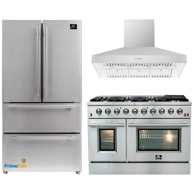 Forno 3-Piece Appliance Package - 48-Inch Gas Range, Refrigerator, & Wall Mount Hood in Stainless Steel