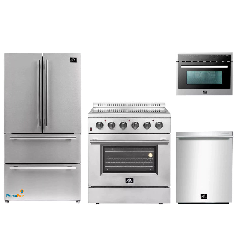 Forno 4-Piece Appliance Package - 30-Inch Electric Range, French Door Refrigerator, Dishwasher, and Microwave Oven in Stainless Steel