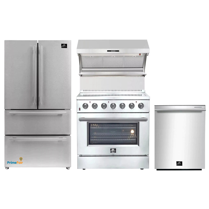 Forno 4-Piece Appliance Package - 36-Inch Electric Range, Wall Mount Range Hood with Backsplash, French Door Refrigerator, and Dishwasher in Stainless Steel