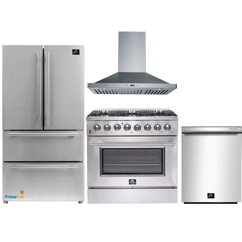 Forno 4-Piece Appliance Package - 36-Inch Dual Fuel Range, Refrigerator, Wall Mount Hood, & 3-Rack Dishwasher in Stainless Steel