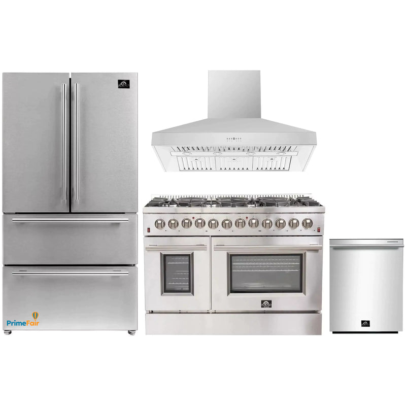 Forno 4-Piece Appliance Package - 48-Inch Dual Fuel Range, 56-Inch Pro-Style Refrigerator, Wall Mount Hood, & 3-Rack Dishwasher in Stainless Steel