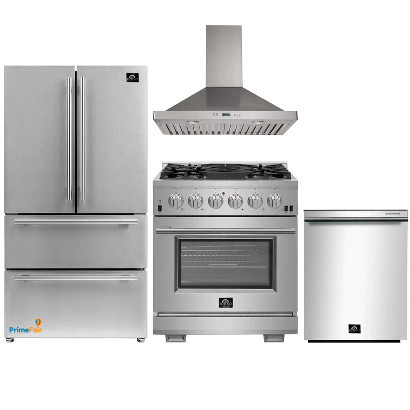 Forno 4-Piece Pro Appliance Package - 30-Inch Gas Range, 36-Inch Refrigerator Wall Mount Hood, & 3-Rack Dishwasher in Stainless Steel
