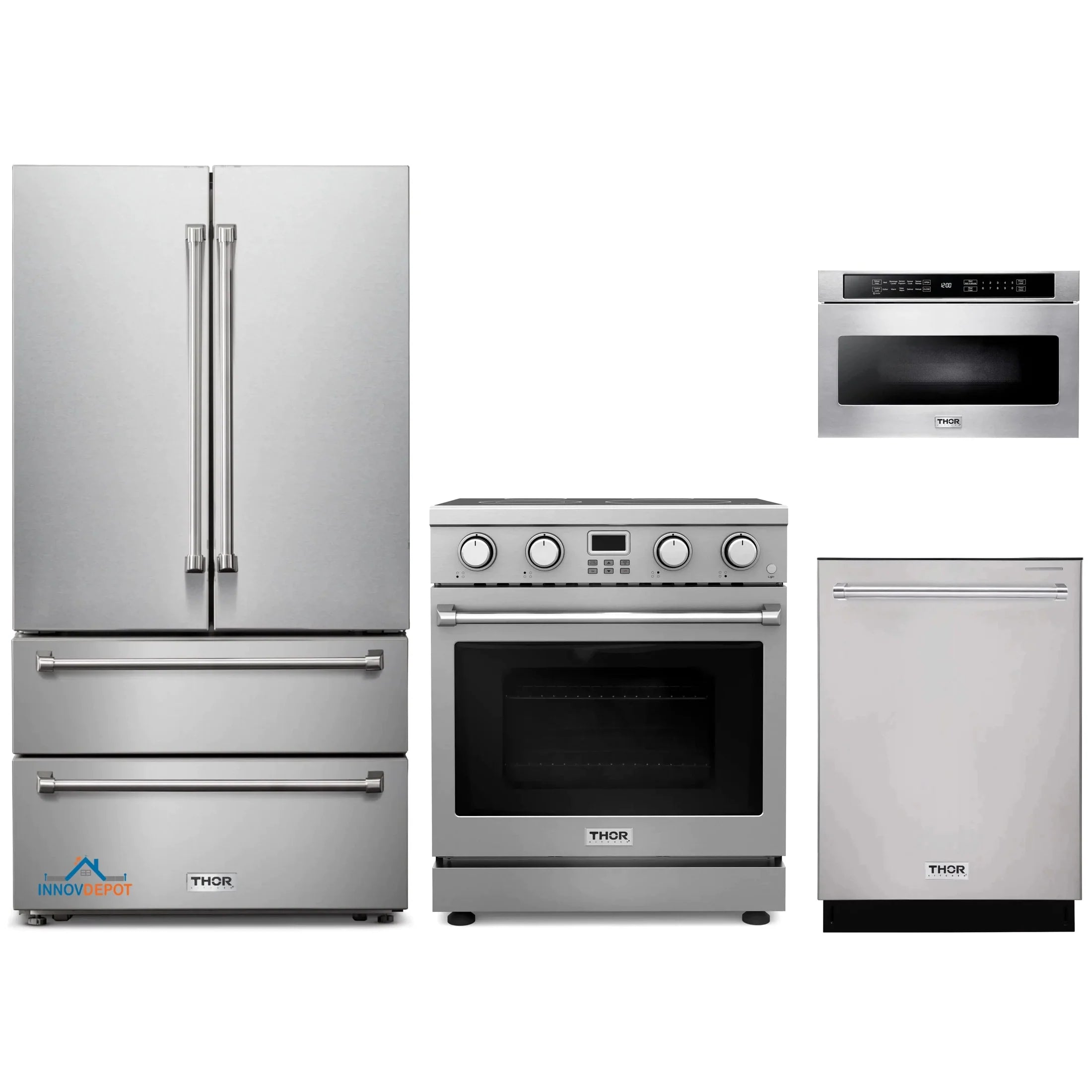 Thor Kitchen 4-Piece Appliance Package - 30-Inch Electric Range, Refrigerator, Dishwasher, and Microwave in Stainless Steel