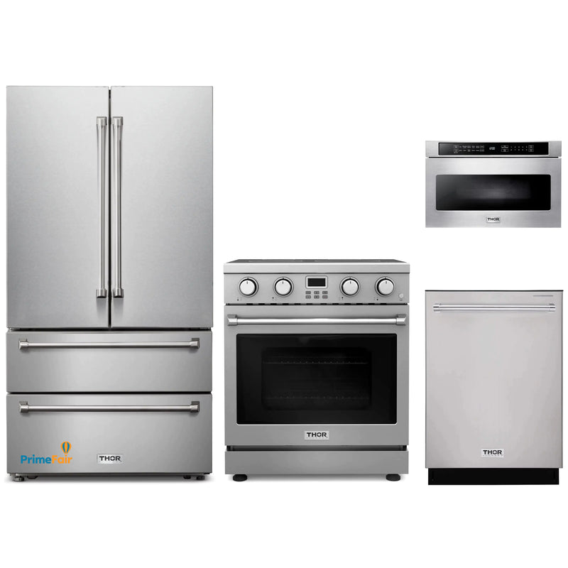 Thor Kitchen 4-Piece Appliance Package - 30-Inch Electric Range, Refrigerator, Dishwasher, and Microwave in Stainless Steel