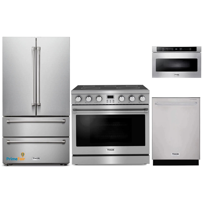 Thor Kitchen 4-Piece Appliance Package - 36-Inch Electric Range, Refrigerator, Dishwasher, and Microwave in Stainless Steel
