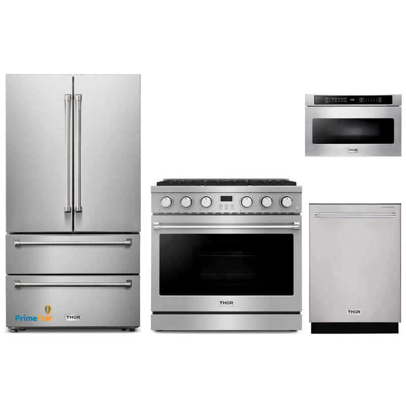 Thor Kitchen 4-Piece Appliance Package - 36-Inch Gas Range, Refrigerator, Dishwasher, and Microwave in Stainless Steel