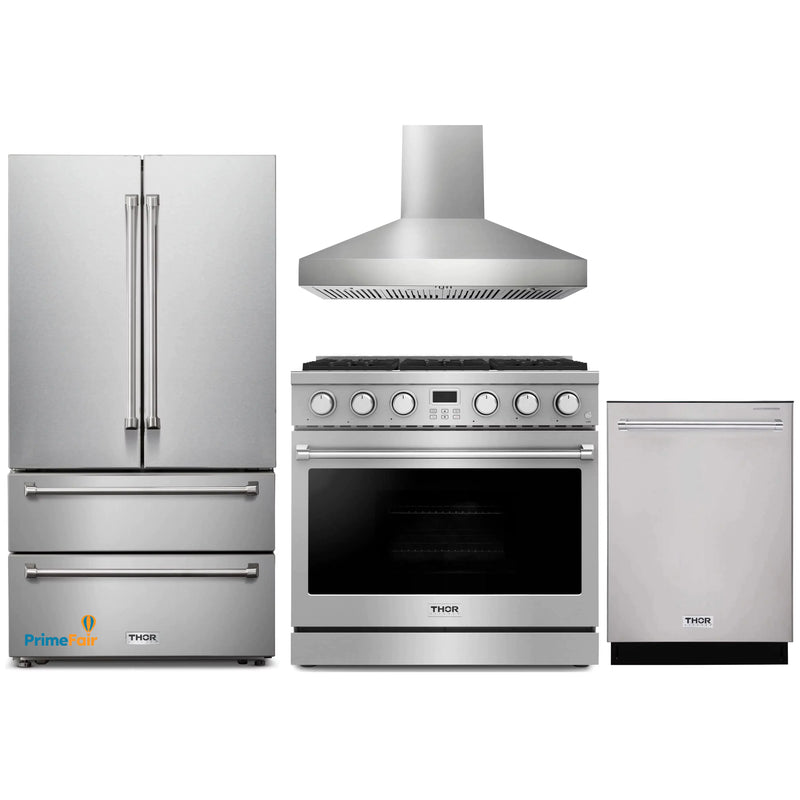 Thor Kitchen 4-Piece Appliance Package - 36-Inch Gas Range, Pro-Style Wall Mount Range Hood, Refrigerator, and Dishwasher in Stainless Steel