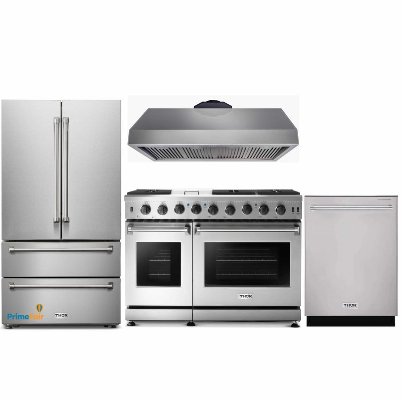 Thor Kitchen 4-Piece Appliance Package - 48-Inch Gas Range, French Door Refrigerator, Dishwasher & Under Cabinet 16.5-Inch Tall Hood in Stainless Steel