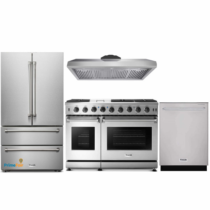 Thor Kitchen 4-Piece Appliance Package - 48-Inch Gas Range, French Door Refrigerator, Dishwasher & Under Cabinet 11-Inch Tall Hood in Stainless Steel