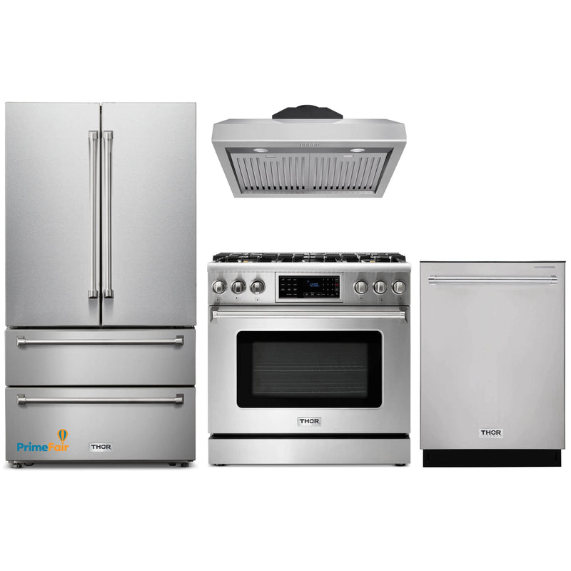 Thor Kitchen 4-Piece Appliance Package - 36-Inch Gas Range with Tilt Panel, French Door Refrigerator, Under Cabinet Hood and Dishwasher in Stainless Steel