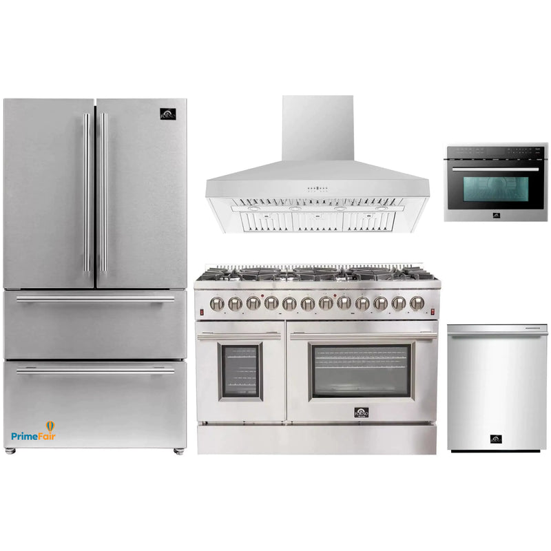Forno 5-Piece Appliance Package - 48-Inch Dual Fuel Range, Refrigerator, Wall Mount Hood, Microwave Oven, & 3-Rack Dishwasher in Stainless Steel