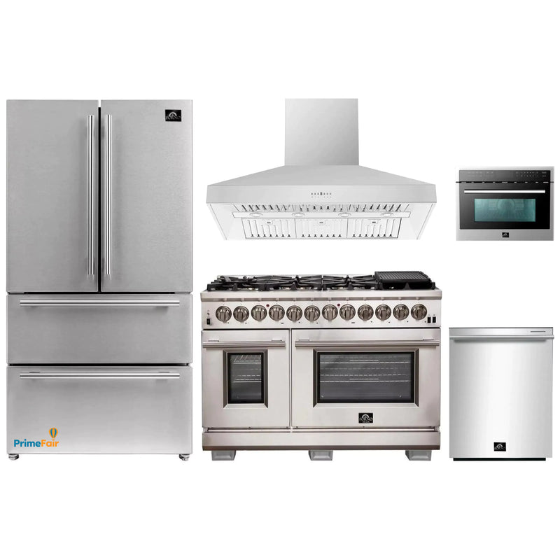 Forno 5-Piece Pro Appliance Package - 48-Inch Dual Fuel Range, Refrigerator, Wall Mount Hood, Microwave Oven, & 3-Rack Dishwasher in Stainless Steel