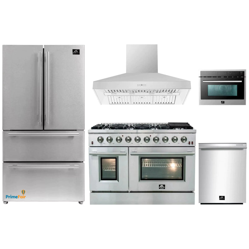 Forno 5-Piece Appliance Package - 48-Inch Gas Range, Refrigerator, Wall Mount Hood, Microwave Oven, & 3-Rack Dishwasher in Stainless Steel