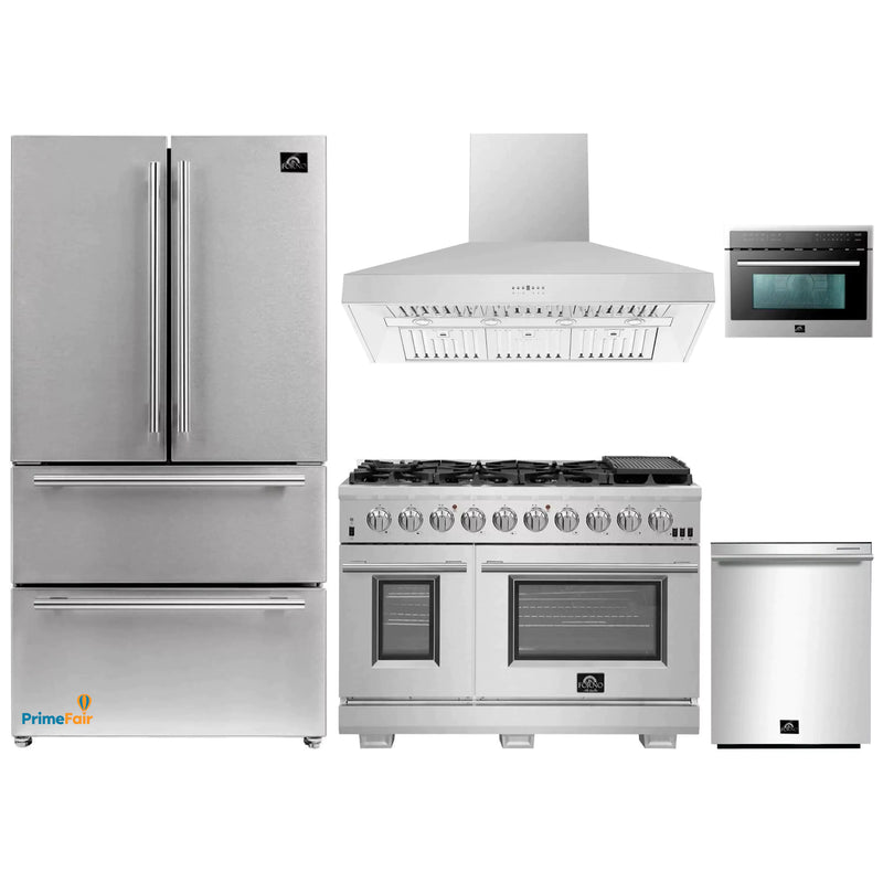Forno 5-Piece Pro Appliance Package - 48-Inch Gas Range, Refrigerator, Wall Mount Hood, Microwave Oven, & 3-Rack Dishwasher in Stainless Steel