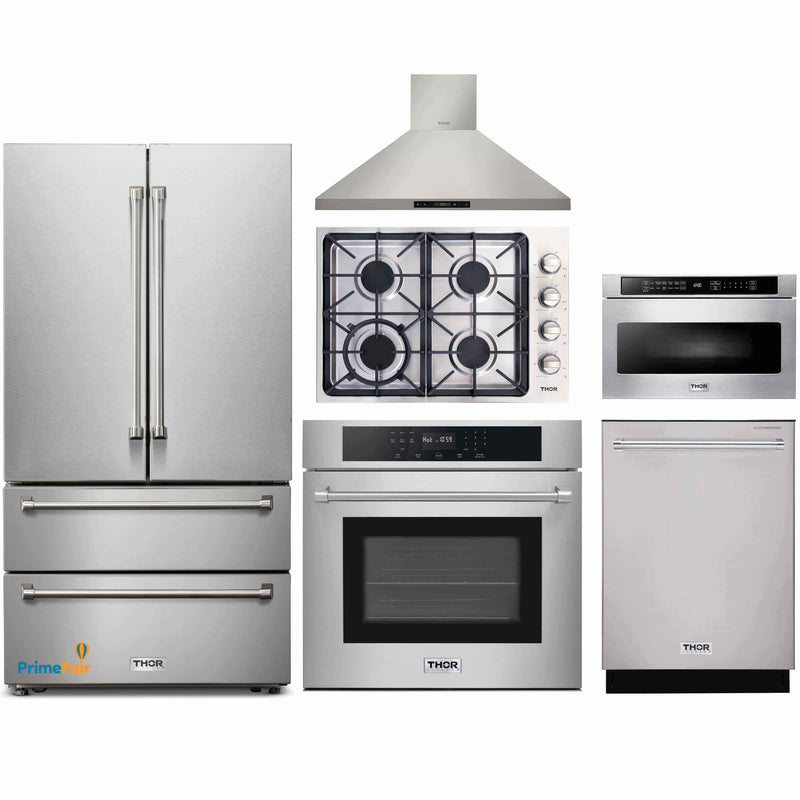 Thor Kitchen 6-Piece Pro Appliance Package - 30-Inch Gas Cooktop, Electric Wall Oven, Wall Mount Hood, Refrigerator, Dishwasher, & Microwave Drawer in Stainless Steel