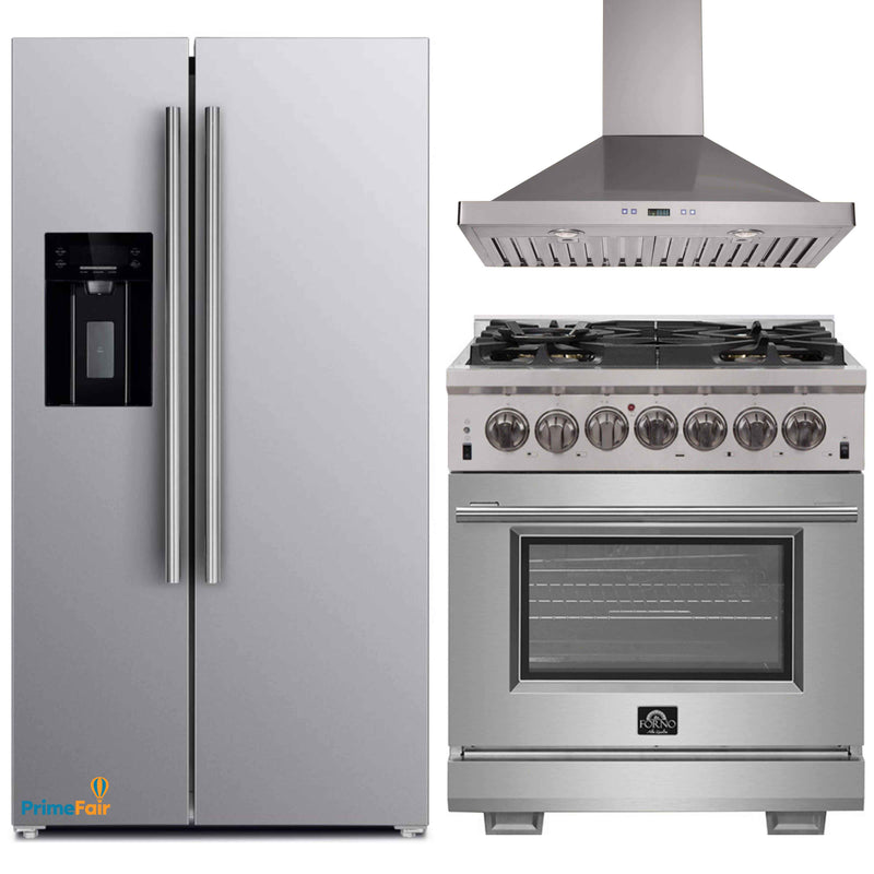 Forno 3-Piece Pro Appliance Package - 30-Inch Dual Fuel Range, Refrigerator with Water Dispenser, & Wall Mount Hood in Stainless Steel