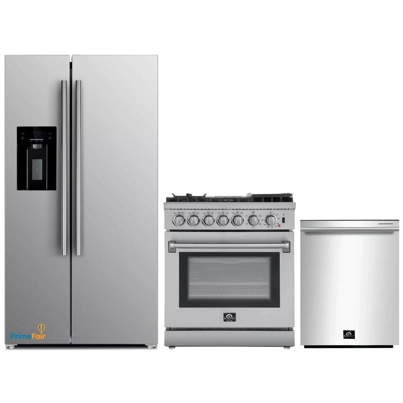 Forno 3-Piece Appliance Package - 30-Inch Dual Fuel Range with Air Fryer, Refrigerator with Water Dispenser,& Dishwasher in Stainless Steel