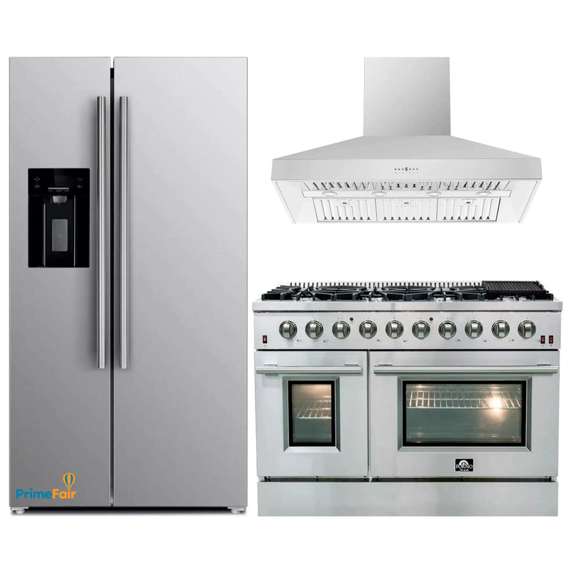 Forno 3-Piece Appliance Package - 48-Inch Gas Range, Refrigerator with Water Dispenser, & Wall Mount Hood in Stainless Steel