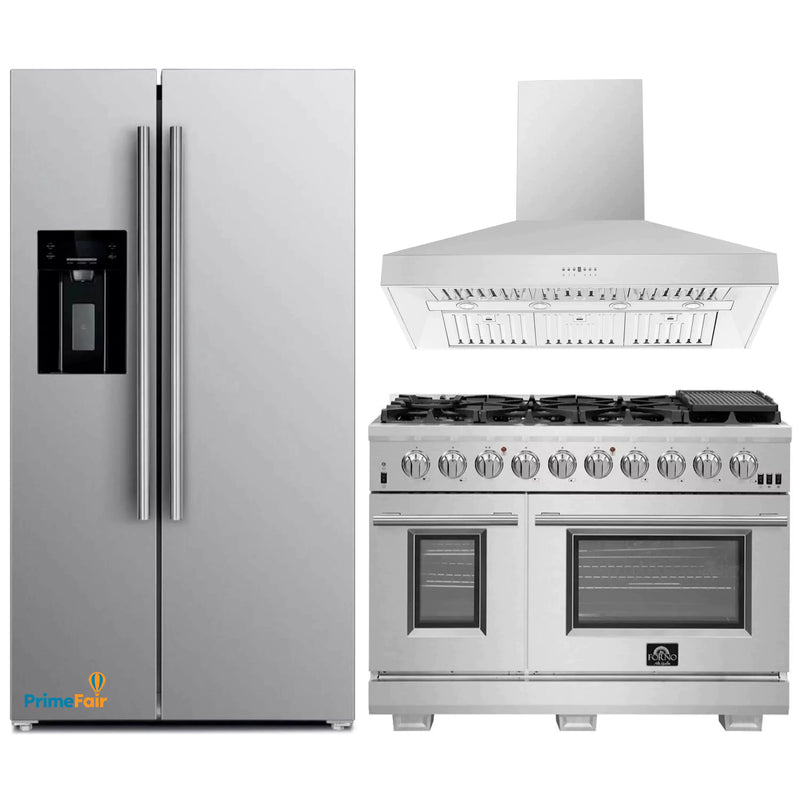 Forno 3-Piece Pro Appliance Package - 48-Inch Gas Range, Refrigerator with Water Dispenser, & Wall Mount Hood in Stainless Steel