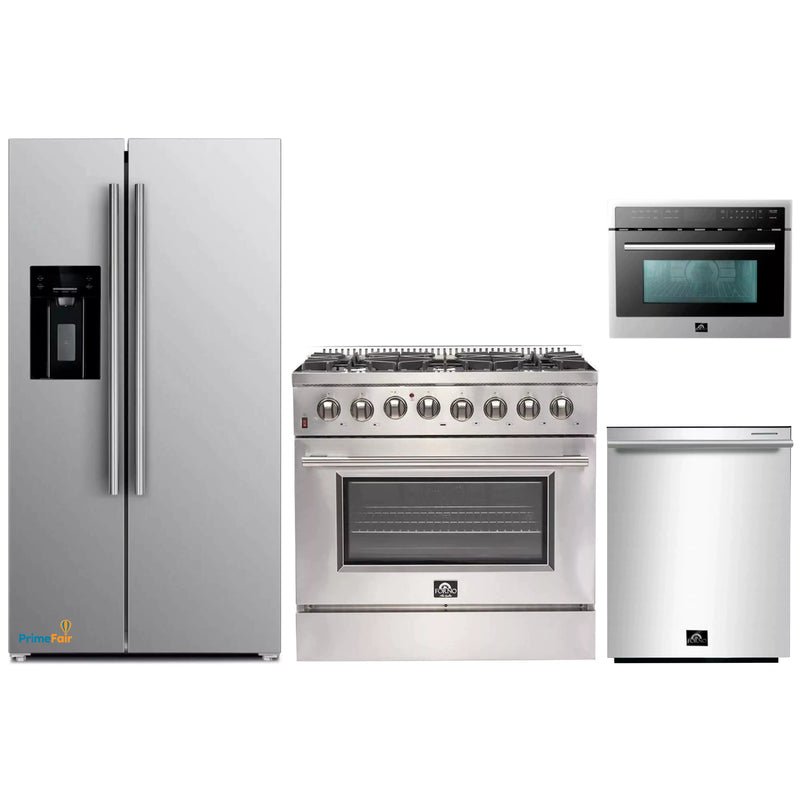 Forno 4-Piece Appliance Package - 36-Inch Dual Fuel Range, Refrigerator with Water Dispenser, Microwave Oven, & 3-Rack Dishwasher in Stainless Steel