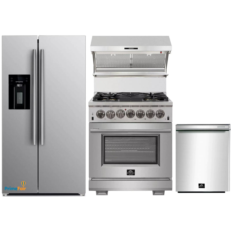 Forno 4-Piece Pro Appliance Package - 30-Inch Dual Fuel Range, Refrigerator with Water Dispenser, Wall Mount Hood with Backsplash, & 3-Rack Dishwasher in Stainless Steel