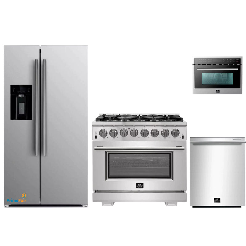 Forno 4-Piece Pro Appliance Package - 36-Inch Dual Fuel Range, Refrigerator with Water Dispenser, Microwave Oven, & 3-Rack Dishwasher in Stainless Steel