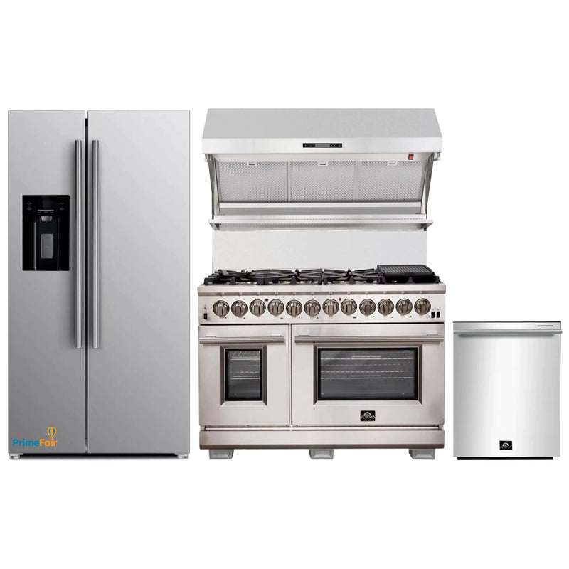 Forno 4-Piece Pro Appliance Package - 48-Inch Dual Fuel Range, Refrigerator with Water Dispenser, Wall Mount Hood with Backsplash, & 3-Rack Dishwasher in Stainless Steel