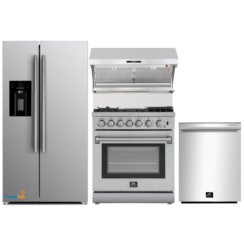 Forno 4-Piece Appliance Package - 30-Inch Dual Fuel Range with Air Fryer, Refrigerator with Water Dispenser, Wall Mount Hood with Backsplash, & 3-Rack Dishwasher in Stainless Steel