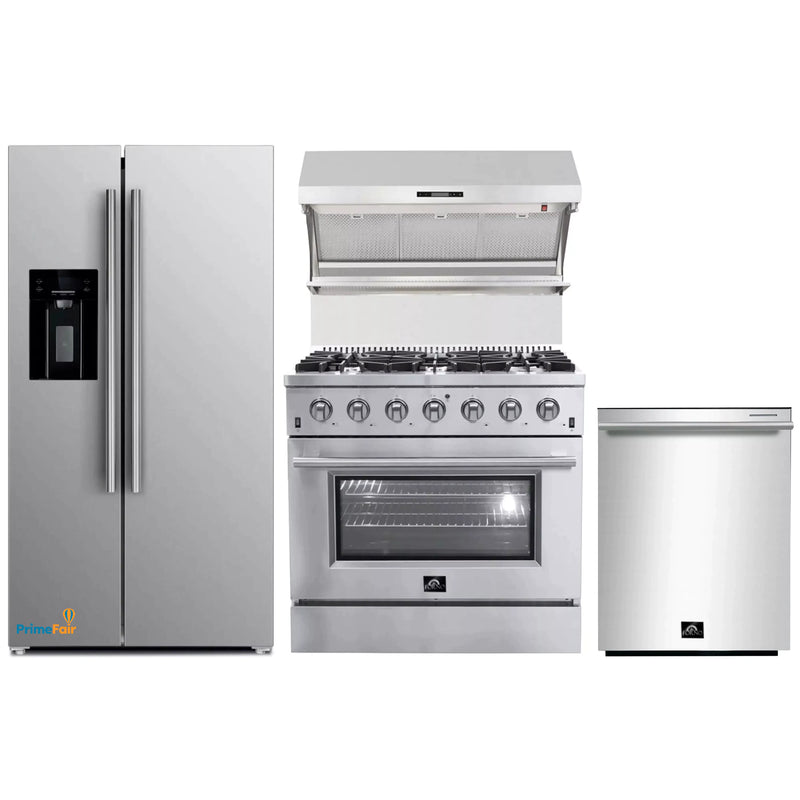 Forno 4-Piece Appliance Package - 36-Inch Gas Range, Refrigerator with Water Dispenser, Wall Mount Hood with Backsplash, & 3-Rack Dishwasher in Stainless Steel