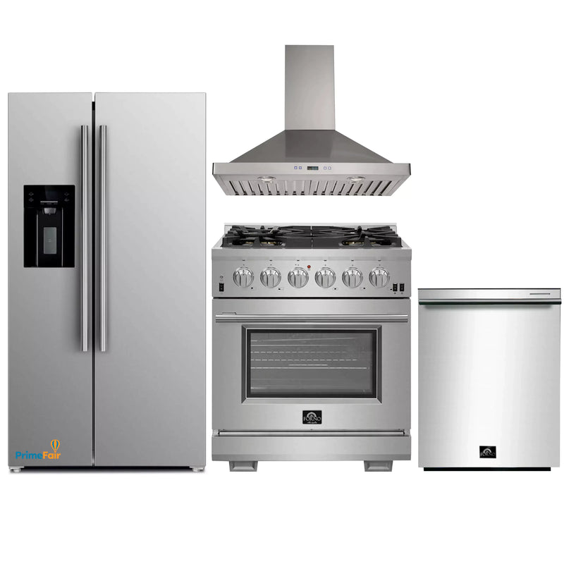 Forno 4-Piece Pro Appliance Package - 30-Inch Gas Range, Refrigerator with Water Dispenser, Wall Mount Hood, & 3-Rack Dishwasher in Stainless Steel
