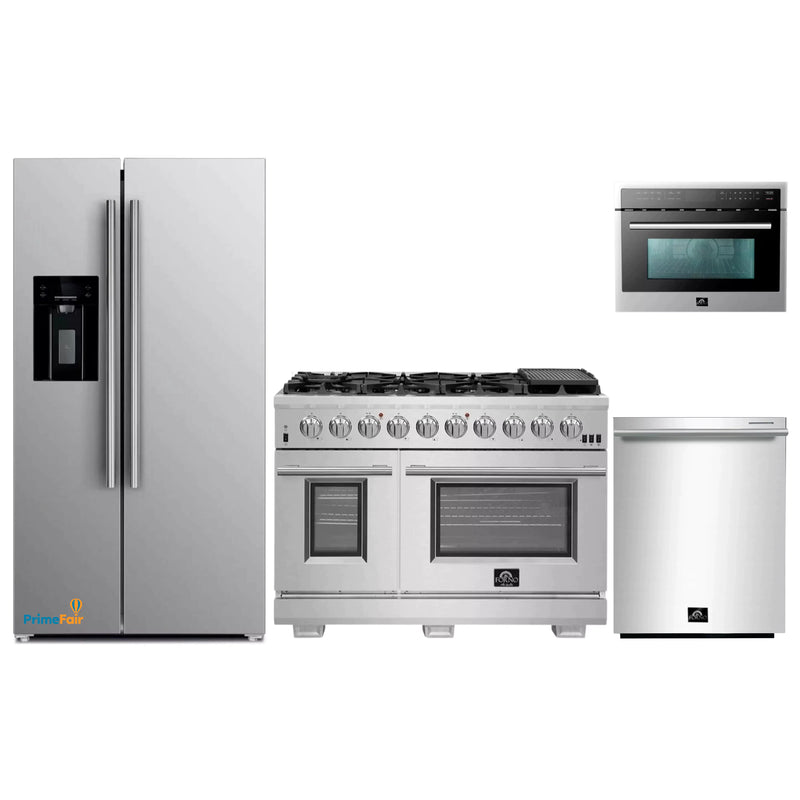 Forno 4-Piece Pro Appliance Package - 48-Inch Gas Range, Refrigerator with Water Dispenser, Microwave Oven, & 3-Rack Dishwasher in Stainless Steel