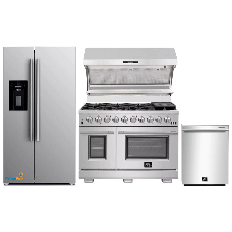 Forno 4-Piece Pro Appliance Package - 48-Inch Gas Range, Refrigerator with Water Dispenser, Wall Mount Hood with Backsplash, & 3-Rack Dishwasher in Stainless Steel