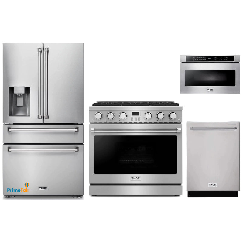 Thor Kitchen 4-Piece Appliance Package - 36-Inch Gas Range, Refrigerator with Water Dispenser, Dishwasher, and Microwave in Stainless Steel