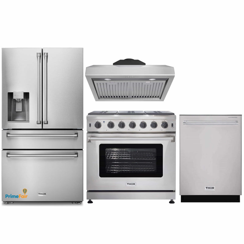 Thor Kitchen 4-Piece Appliance Package - 36-Inch Gas Range, Refrigerator with Water Dispenser, Under Cabinet Hood & Dishwasher in Stainless Steel