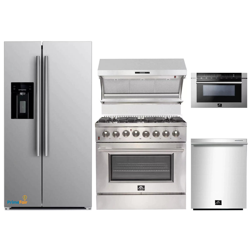 Forno 5-Piece Appliance Package - 36-Inch Dual Fuel Range, Refrigerator with Water Dispenser, Wall Mount Hood with Backsplash, Microwave Drawer, & 3-Rack Dishwasher in Stainless Steel