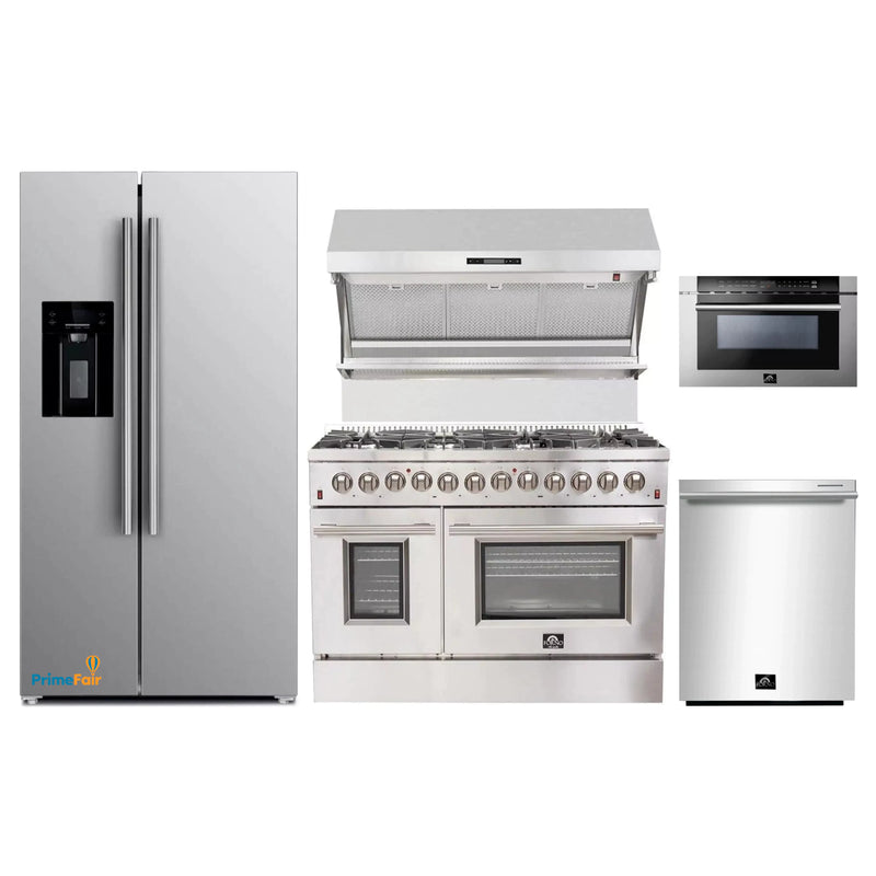 Forno 5-Piece Appliance Package - 48-Inch Dual Fuel Range, Refrigerator with Water Dispenser, Wall Mount Hood with Backsplash, Microwave Drawer, & 3-Rack Dishwasher in Stainless Steel