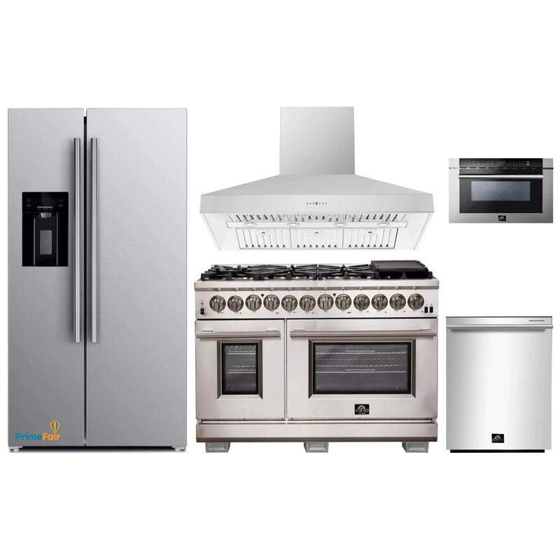Forno 5-Piece Pro Appliance Package - 48-Inch Dual Fuel Range, Refrigerator with Water Dispenser, Wall Mount Hood, Microwave Drawer, & 3-Rack Dishwasher in Stainless Steel