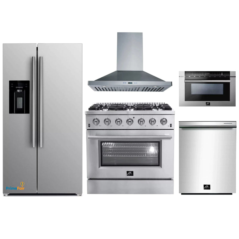 Forno 5-Piece Appliance Package - 36-Inch Gas Range, Refrigerator with Water Dispenser, Wall Mount Hood, Microwave Drawer, & 3-Rack Dishwasher in Stainless Steel