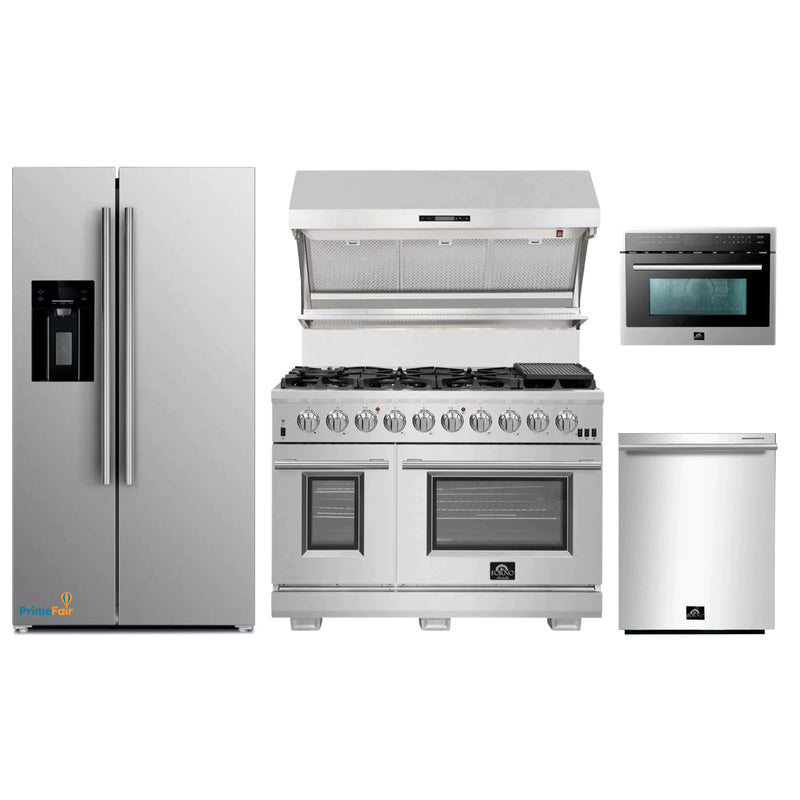 Forno 5-Piece Pro Appliance Package - 48-Inch Gas Range, Refrigerator with Water Dispenser, Wall Mount Hood with Backsplash, Microwave Oven, & 3-Rack Dishwasher in Stainless Steel